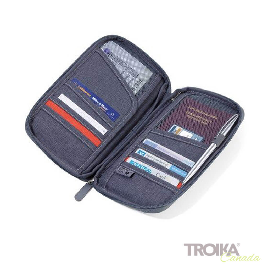 Grey Travel Document Holder with credit cards and passport