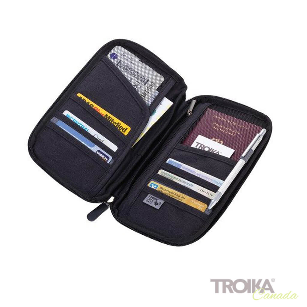 Troika Black Travel Document Organizer - "Around The World" open with cards